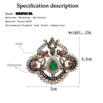 Sunspicems Реколта турски кристал цвете брошка за жени индийски бижута античен златен цвят арабеск брошка ревер игли за шал