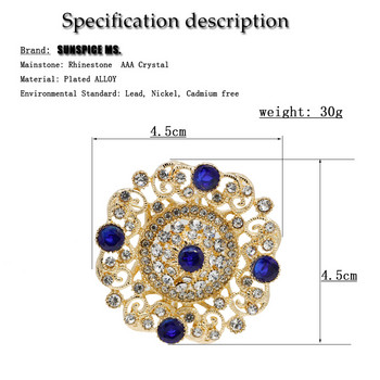 Sunspicems Златен цвят Алжир Мароко Брошка за жени Червен&Зелен&Син Кристал Винтидж Булчински Сватбени Бижута Дубай Броши Подарък