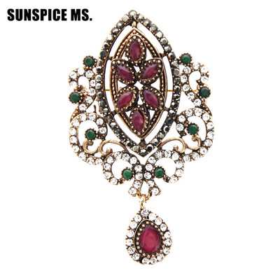 SUNSPICEMS Broșă etnică arabă de culoare aurie, cristal complet, Maroc, femei, bijuterii de mireasă, caftan, broșe, hijab, broșe, ac cu ridicata