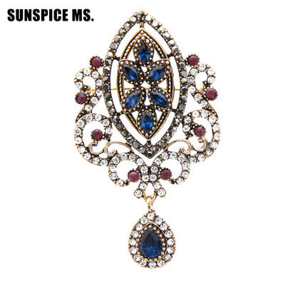 SUNSPICEMS Broșă etnică arabă de culoare aurie, cristal complet, Maroc, femei, bijuterii de mireasă, caftan, broșe, hijab, broșe, ac cu ridicata