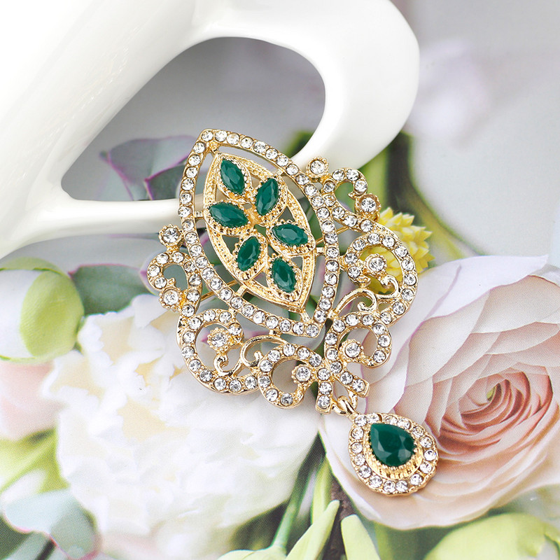 SUNSPICEMS Broșă etnică arabă de culoare aurie, cristal complet, Maroc, femei, bijuterii de mireasă, caftan, broșe, hijab, broșe, ac cu ridicata