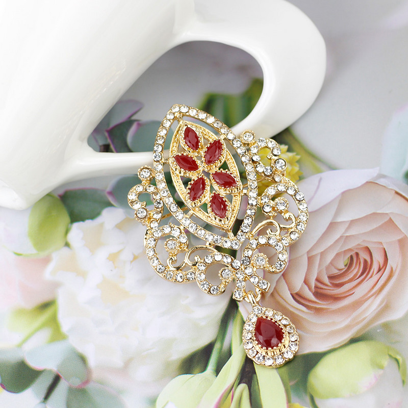 SUNSPICEMS Broșă etnică arabă de culoare aurie, cristal complet, Maroc, femei, bijuterii de mireasă, caftan, broșe, hijab, broșe, ac cu ridicata