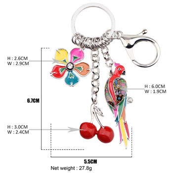 Bonsny κράμα σμάλτου Tropic Parrot Bird Cherry Flower Keychains Δαχτυλίδι Ανοιξιάτικο Καλοκαιρινό Κοσμήματα για Γυναικείες Τσάντες Γούρια