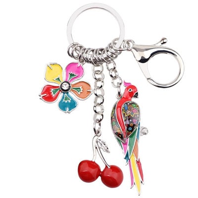 Bonsny emajl Legura Tropic Parrot Bird Cherry Flower Privjesci za ključeve Prsten proljeće ljeto Nakit za žene Djevojke Torba Charms