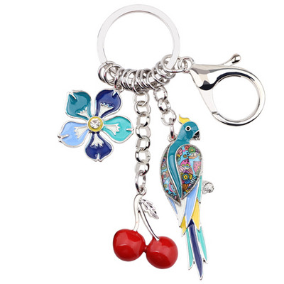 Bonsny emajl Legura Tropic Parrot Bird Cherry Flower Privjesci za ključeve Prsten proljeće ljeto Nakit za žene Djevojke Torba Charms
