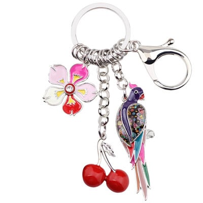 Bonsny emajl Legura Tropic Parrot Bird Cherry Flower Privjesci za ključeve Prsten proljeće ljeto Nakit za žene Djevojke Torba Charms