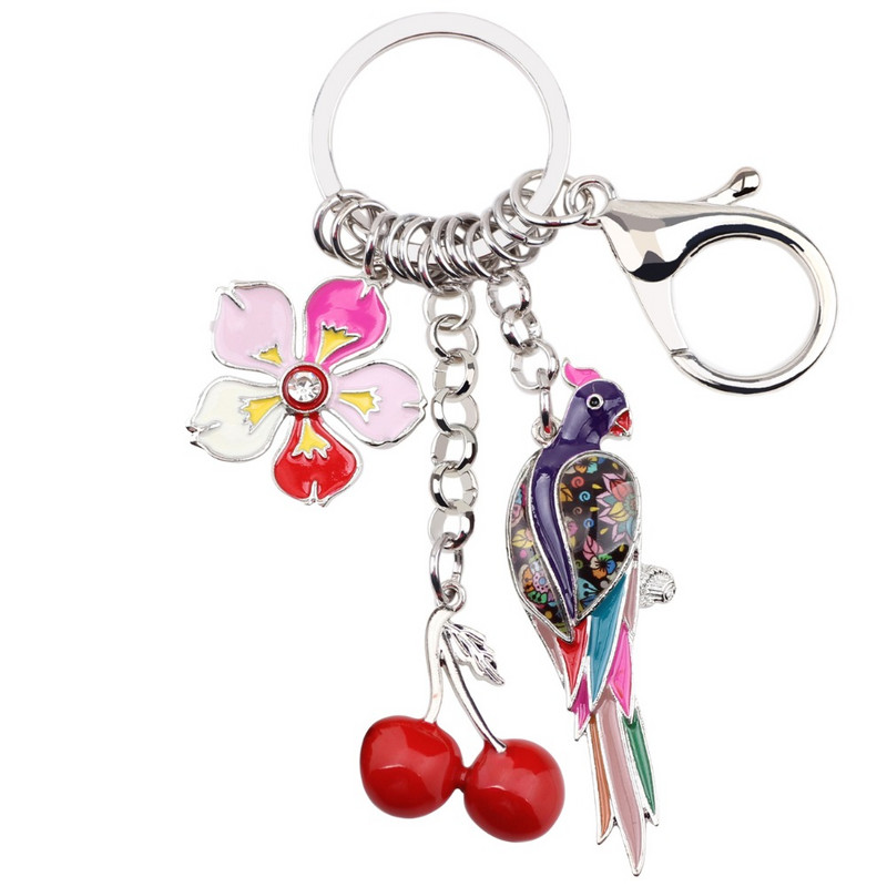 Bonsny emajl Legura Tropic Parrot Bird Cherry Flower Privjesci za ključeve Prsten proljeće ljeto Nakit za žene Djevojke Torba Charms