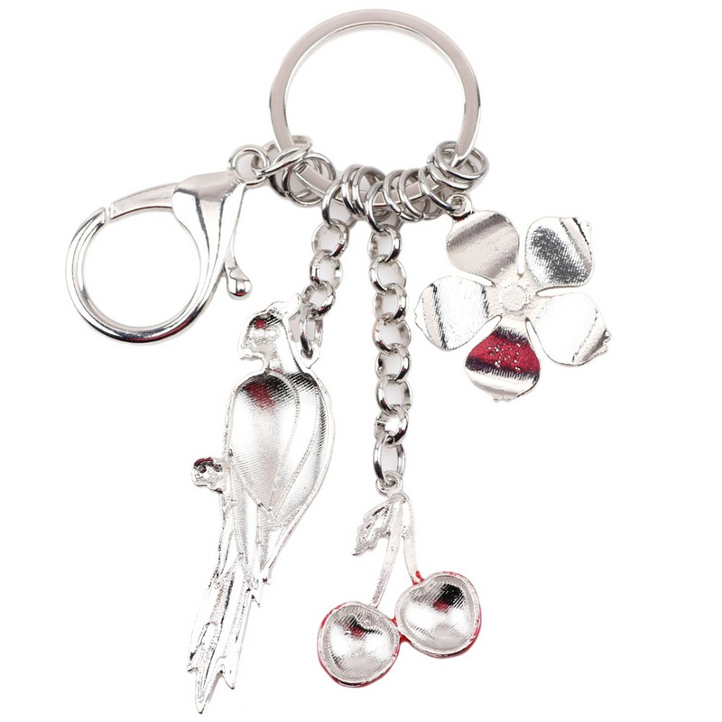 Bonsny emajl Legura Tropic Parrot Bird Cherry Flower Privjesci za ključeve Prsten proljeće ljeto Nakit za žene Djevojke Torba Charms