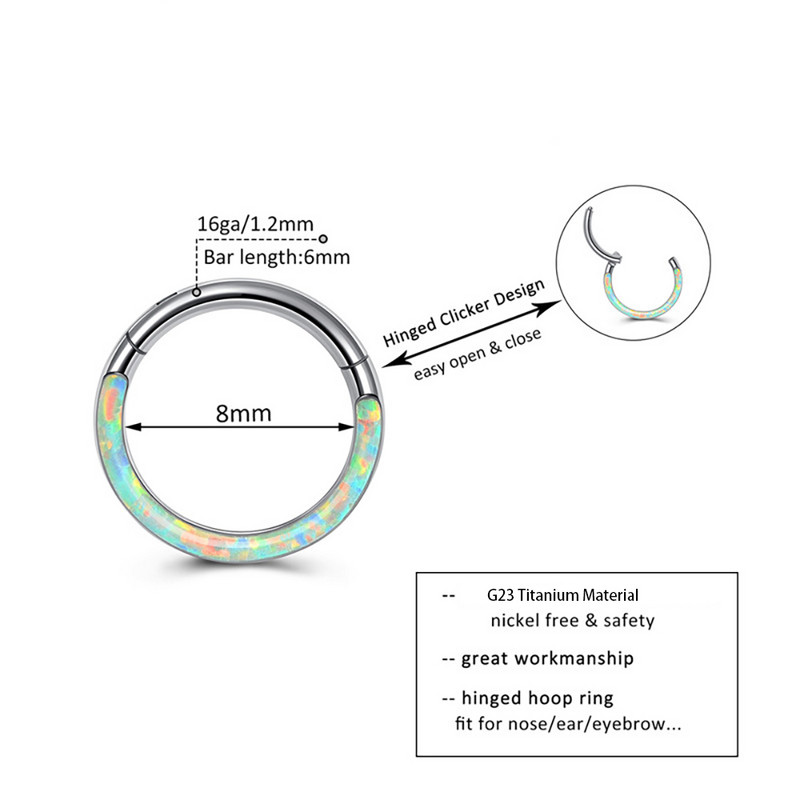 1 kom G23 titanium opal prsten za nos, prsten za uho, tragus, heliks, hrskavica, naušnica, zglobni segment, septum, kliker piercing 16 g