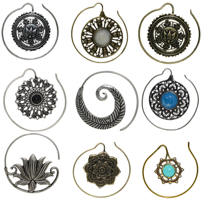 PERECHE Ureche Greutate Plug Fermecătoare Floare de Lotus Vintage Surya Hoop Moda Alamă Tribal Indian Spiral Cercei Piercing Bijuterii