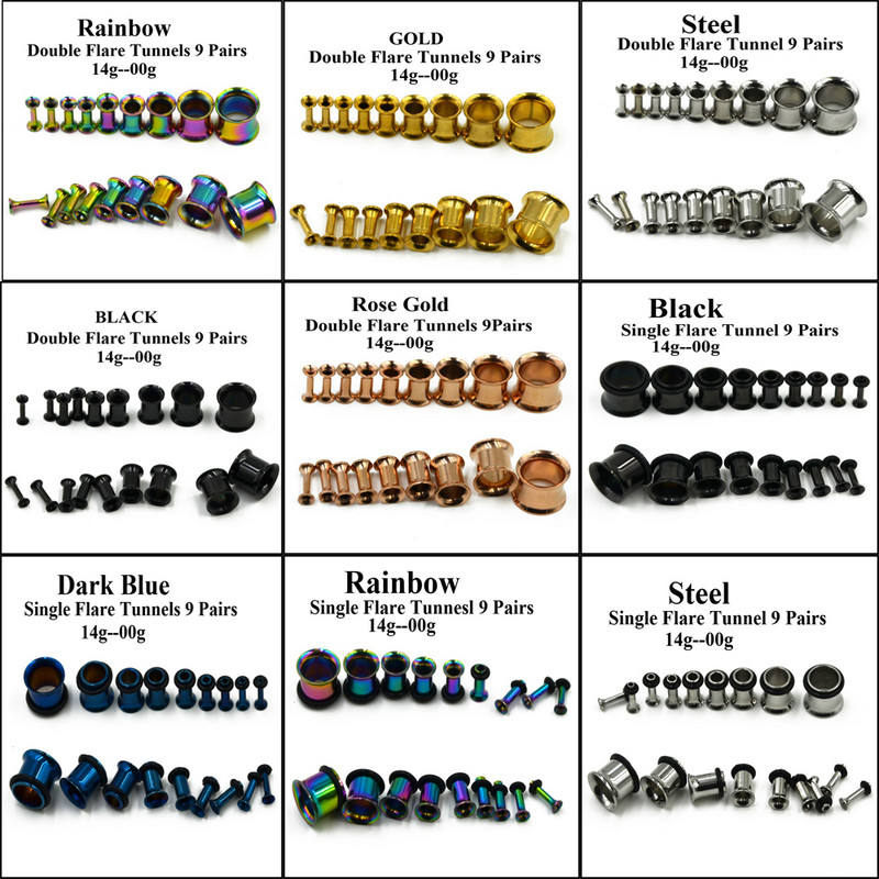18 buc. Kit de întindere a urechii anodizate cu titan, expansor de calibre, Piercing simplu și dublu, dopuri pentru tunel de carne pentru ureche, bijuterii pentru corp