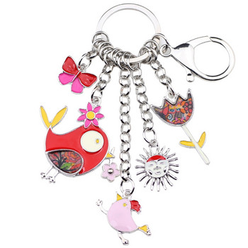 Bonsny σμάλτο κράμα κινουμένων σχεδίων Bird Sun Flower Μπρελόκ Δαχτυλίδι Δαχτυλίδι χαριτωμένο ζωικό δώρο κοσμήματα για γυναίκες κορίτσια Γούρια τσάντα αυτοκινήτου εφήβων
