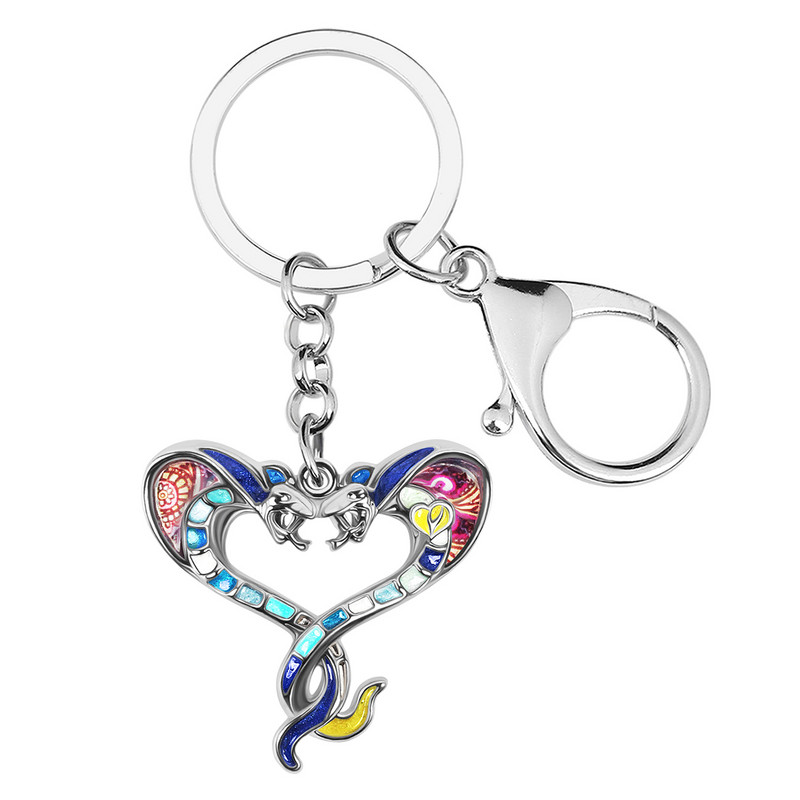 BONSNY Emajl Legura Cvjetni privjesci s dvije glave Zmija Kobra Privjesak za ključeve Modni životinji nakit za žene Poklon za tinejdžerice