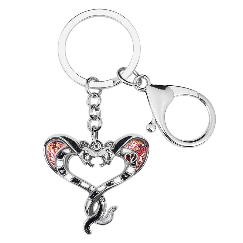 BONSNY Emajl Legura Cvjetni privjesci s dvije glave Zmija Kobra Privjesak za ključeve Modni životinji nakit za žene Poklon za tinejdžerice