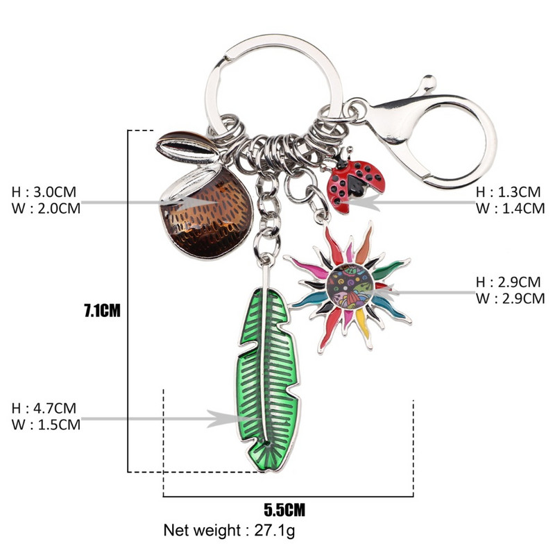 Bonsny Tropic Summer Collection, aliaj, frunze de nucă de cocos, flori de soare, brelocuri, breloc, cadou pentru femei, fete, geantă de mână, bijuterii pentru mașini