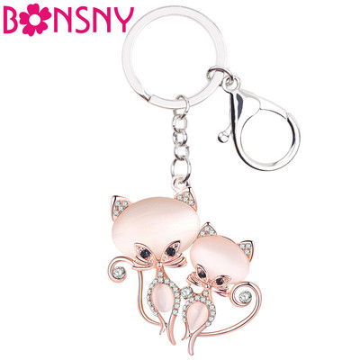 Bonsny Metal Rhinestone Коте Коте Ключодържател Ключодържател Чанта Чанта Чар Опал Ключодържател Нова мода Животни бижута за жени