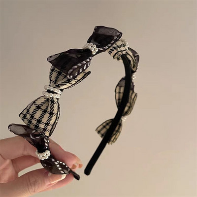 Koreai divat Retro Houndstooth Pearl Bow hajpánt Luxus fejlett fejdísz fejpánt lányoknak női hajkiegészítők