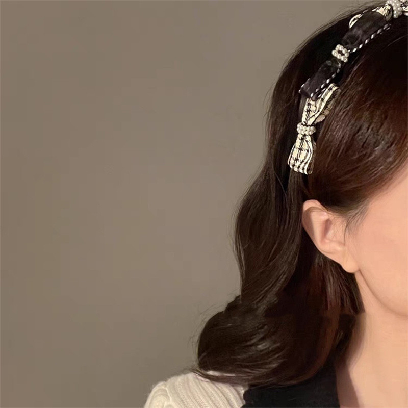 Koreai divat Retro Houndstooth Pearl Bow hajpánt Luxus fejlett fejdísz fejpánt lányoknak női hajkiegészítők