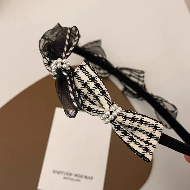 Koreai divat Retro Houndstooth Pearl Bow hajpánt Luxus fejlett fejdísz fejpánt lányoknak női hajkiegészítők