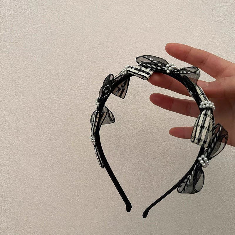 Koreai divat Retro Houndstooth Pearl Bow hajpánt Luxus fejlett fejdísz fejpánt lányoknak női hajkiegészítők