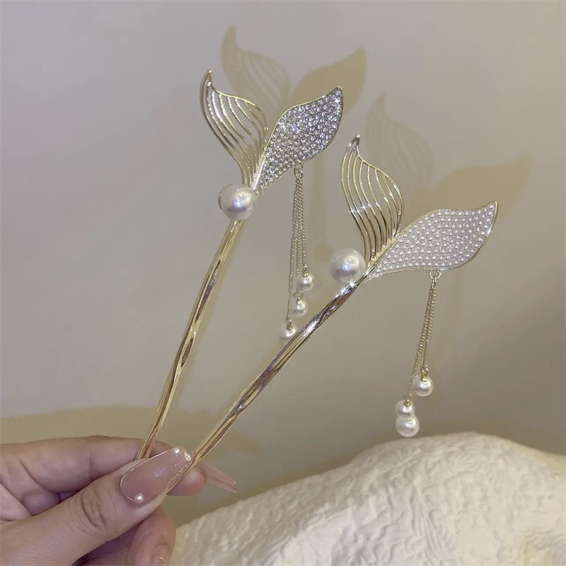 Stil chinezesc coadă de pește ac de păr cristal perlat ciucuri bețe de păr agrafă de păr femei elegant retro cu zircon furculiță pentru păr pentru mireasa