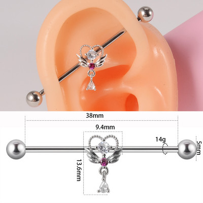 10 buc Industrial Barbell Piercing CZ Gem Wing Lanț de inimă atârnând Barbells drepte Cartilage Gauge Cercei pentru femei en-gros