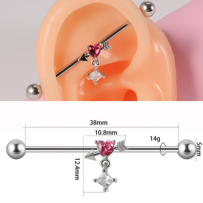 10 buc Industrial Barbell Piercing CZ Gem Wing Lanț de inimă atârnând Barbells drepte Cartilage Gauge Cercei pentru femei en-gros