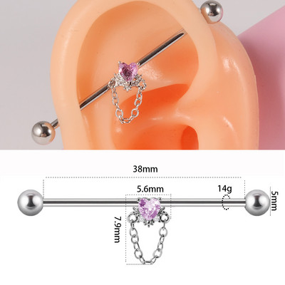 10 buc Industrial Barbell Piercing CZ Gem Wing Lanț de inimă atârnând Barbells drepte Cartilage Gauge Cercei pentru femei en-gros