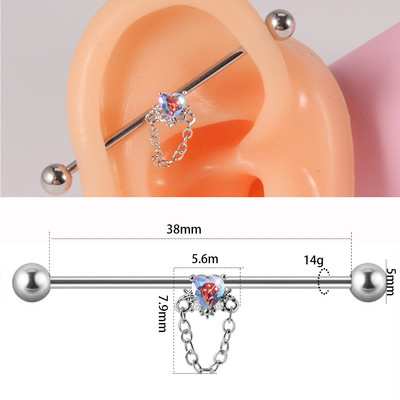 10 buc Industrial Barbell Piercing CZ Gem Wing Lanț de inimă atârnând Barbells drepte Cartilage Gauge Cercei pentru femei en-gros