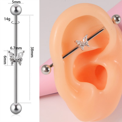 10 buc Industrial Barbell Piercing CZ Gem Wing Lanț de inimă atârnând Barbells drepte Cartilage Gauge Cercei pentru femei en-gros