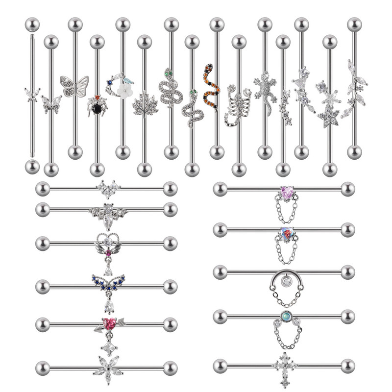 10 buc Industrial Barbell Piercing CZ Gem Wing Lanț de inimă atârnând Barbells drepte Cartilage Gauge Cercei pentru femei en-gros