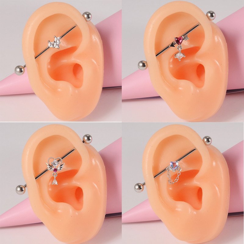 10 buc Industrial Barbell Piercing CZ Gem Wing Lanț de inimă atârnând Barbells drepte Cartilage Gauge Cercei pentru femei en-gros
