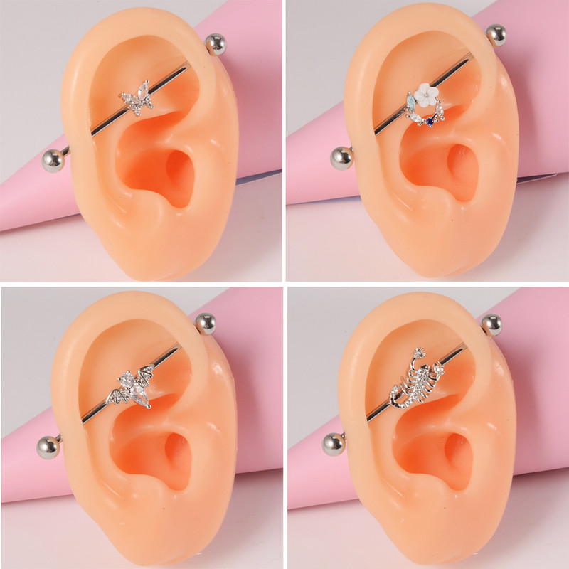 10 buc Industrial Barbell Piercing CZ Gem Wing Lanț de inimă atârnând Barbells drepte Cartilage Gauge Cercei pentru femei en-gros