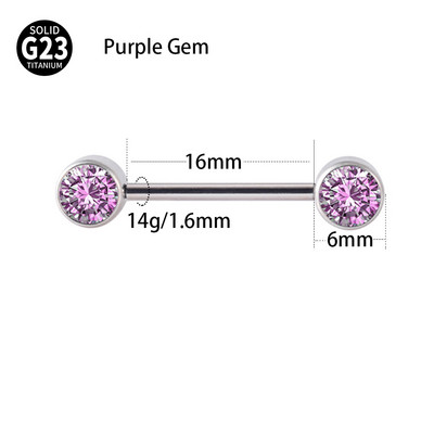 1 buc. Barbel pentru mamelon din titan de calitate implantară, cu filet intern, cu gemă dublă, scut pentru mamelon, bară pentru limbă, piercing, bijuterii pentru corp 14 gX6 mm
