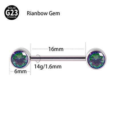 1 buc. Barbel pentru mamelon din titan de calitate implantară, cu filet intern, cu gemă dublă, scut pentru mamelon, bară pentru limbă, piercing, bijuterii pentru corp 14 gX6 mm