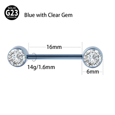 1 buc. Barbel pentru mamelon din titan de calitate implantară, cu filet intern, cu gemă dublă, scut pentru mamelon, bară pentru limbă, piercing, bijuterii pentru corp 14 gX6 mm