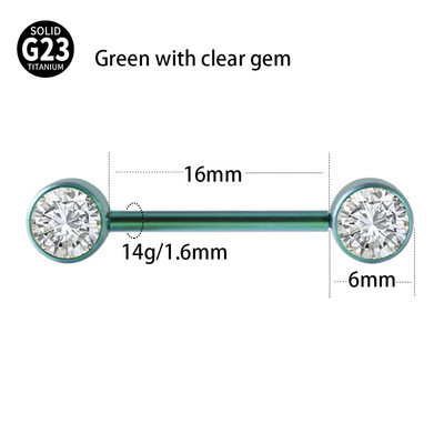 1 buc. Barbel pentru mamelon din titan de calitate implantară, cu filet intern, cu gemă dublă, scut pentru mamelon, bară pentru limbă, piercing, bijuterii pentru corp 14 gX6 mm