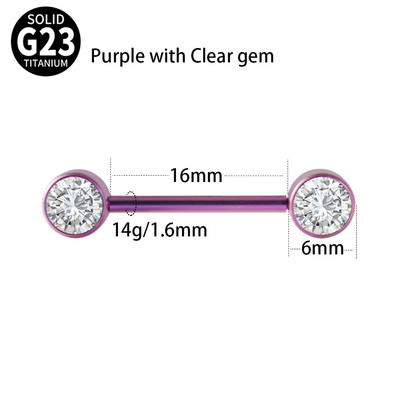 1 buc. Barbel pentru mamelon din titan de calitate implantară, cu filet intern, cu gemă dublă, scut pentru mamelon, bară pentru limbă, piercing, bijuterii pentru corp 14 gX6 mm