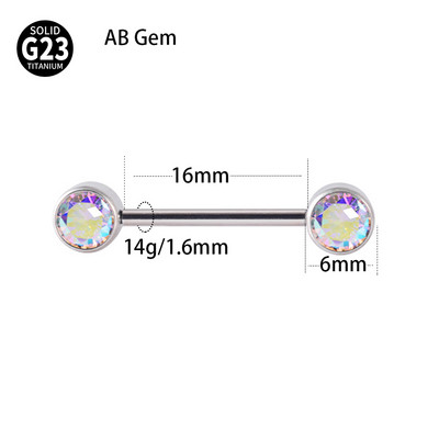 1 buc. Barbel pentru mamelon din titan de calitate implantară, cu filet intern, cu gemă dublă, scut pentru mamelon, bară pentru limbă, piercing, bijuterii pentru corp 14 gX6 mm