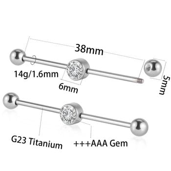 1 τεμ G23 Titanium Industrial Piercing Straight Barbell σκουλαρίκια με 6mm Κεντρικό Gem Cartilage Helix Oreja Rings Bar 16gX38mm