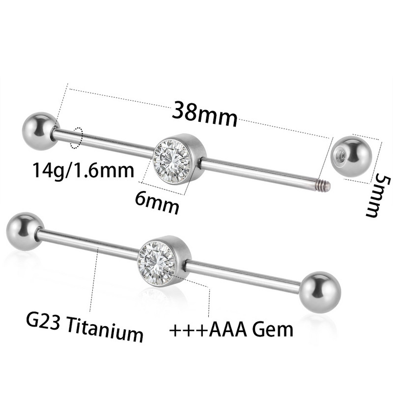 1 buc. Cercei drepti cu mreană piercing industrial din titan G23 cu bară de inele Oreja, cartilaj, helix, 6 mm, 16 gX38 mm