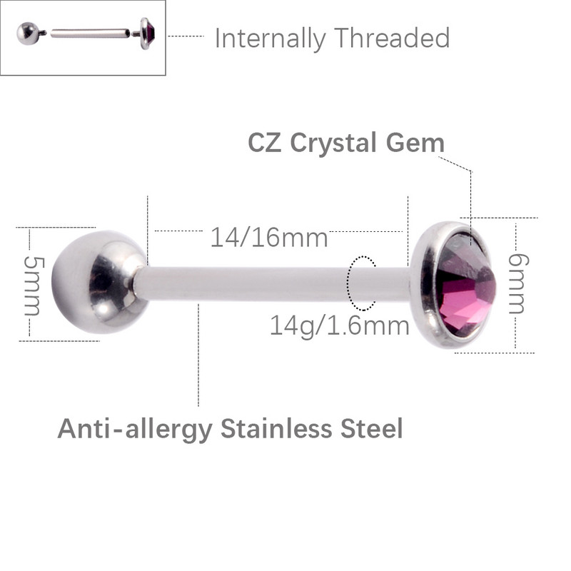 Piercing inel cu mreană cu limbă prețioasă CZ plat, cu filet intern, cercei, bijuterii de piercing pentru mamelon drept.