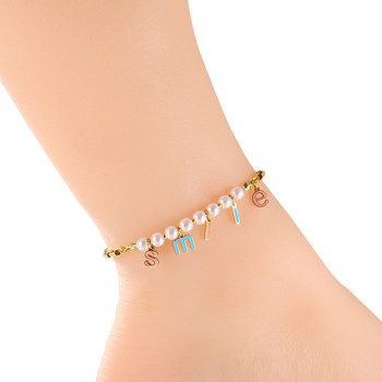 LUXUSTEEL Boho Smile Letter White Pearl Anklet за жени Кабелна верига от неръждаема стомана Лятна плажна гривна на крака Подаръци