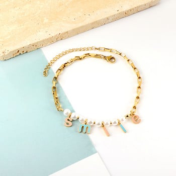 LUXUSTEEL Boho Smile Letter White Pearl Anklet за жени Кабелна верига от неръждаема стомана Лятна плажна гривна на крака Подаръци