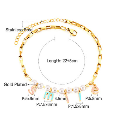 LUXUSTEEL Boho Smile Letter gleznă perlă albă pentru femei Lanț cablu din oțel inoxidabil Brățară de plajă de vară pe picior Cadouri