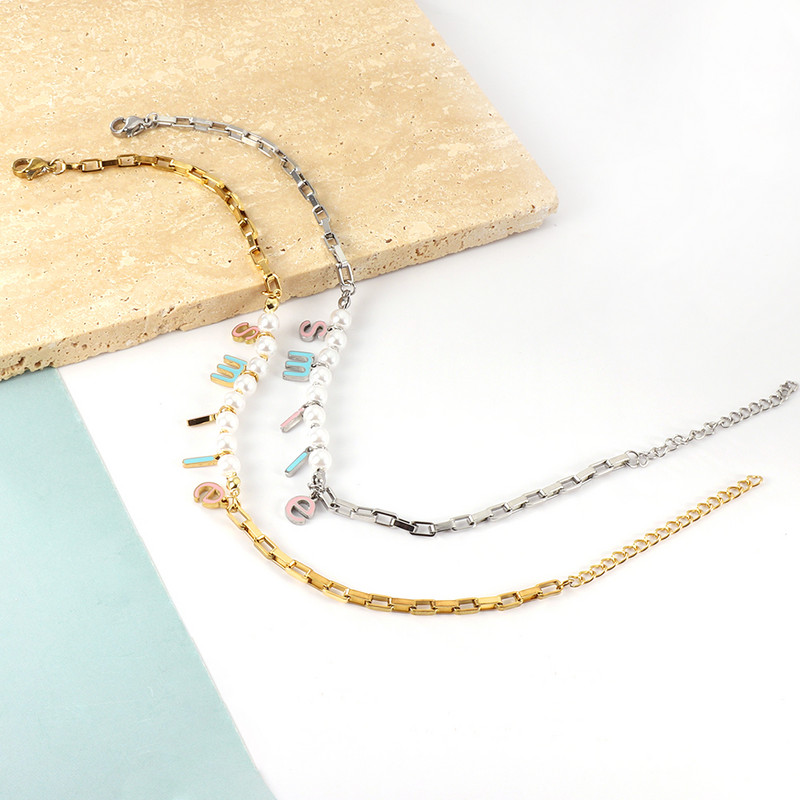 LUXUSTEEL Boho Smile Letter gleznă perlă albă pentru femei Lanț cablu din oțel inoxidabil Brățară de plajă de vară pe picior Cadouri