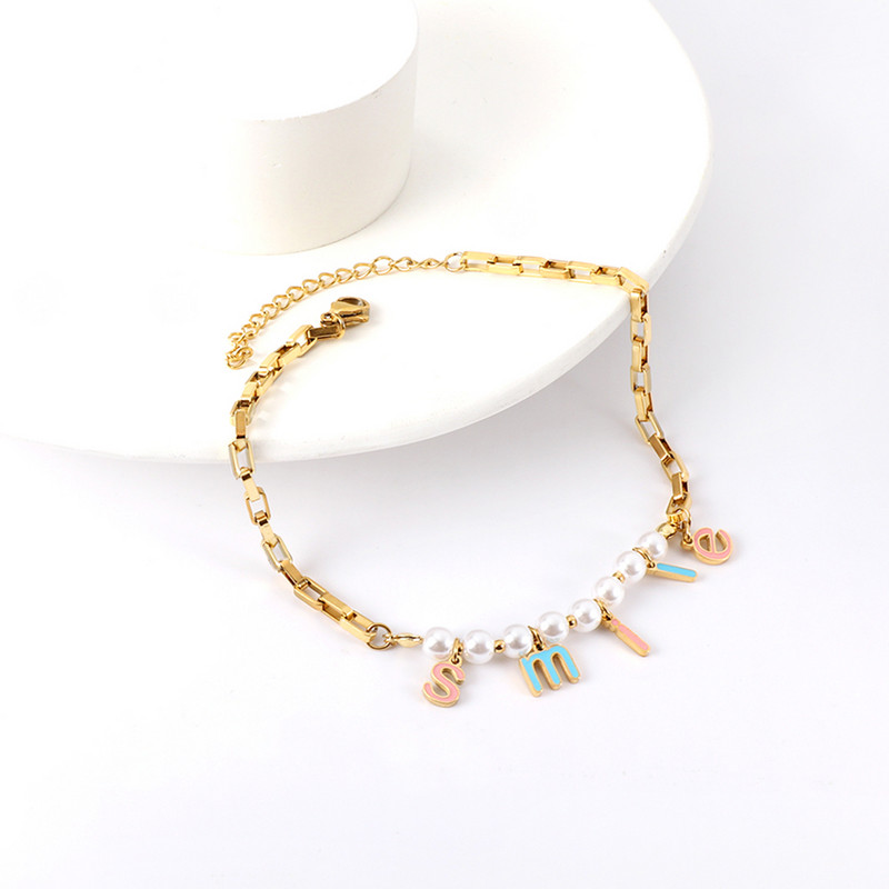 LUXUSTEEL Boho Smile Letter gleznă perlă albă pentru femei Lanț cablu din oțel inoxidabil Brățară de plajă de vară pe picior Cadouri