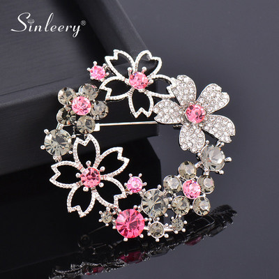 SINLEERY Luxus Pink Szürke Cubic Circon Virág Üreges Garland Bross Pin Női Divat esküvői ékszer kiegészítők ZD1 SSK