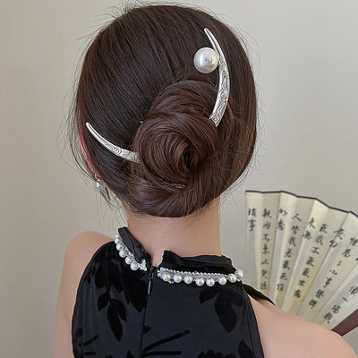 Furculiță de păr în stil chinezesc pentru femei, aliaj de argint, lună, accesoriu de păr în formă de semicerc, ac de păr, ornament de păr în stil antic, bastoane de păr
