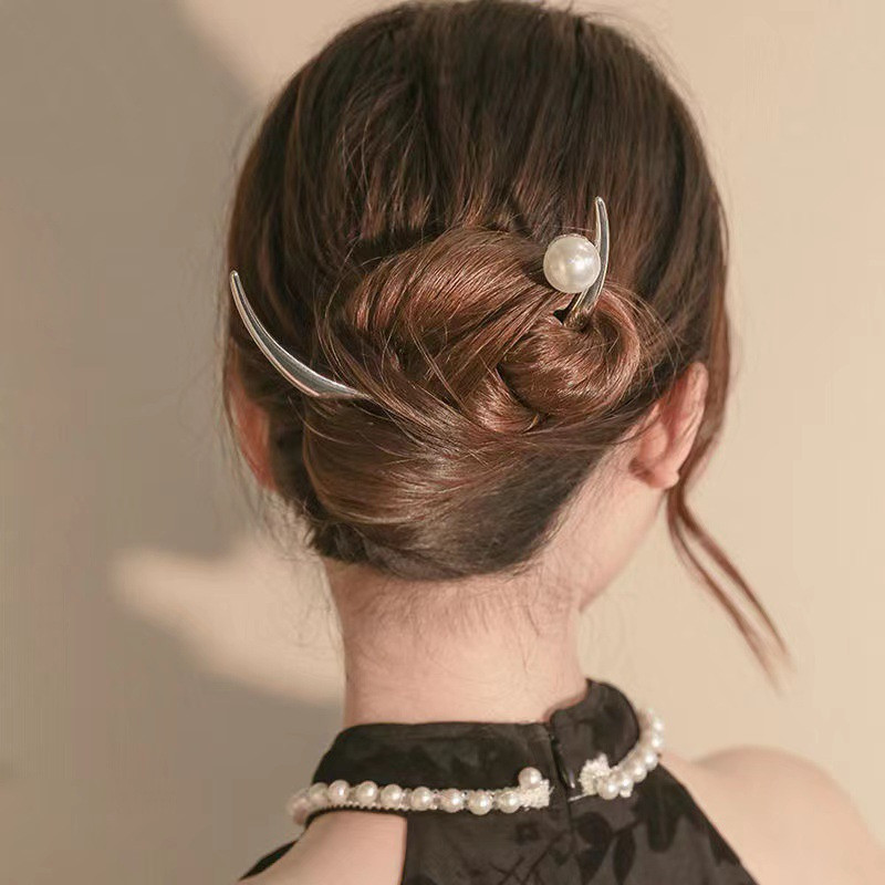 Furculiță de păr în stil chinezesc pentru femei, aliaj de argint, lună, accesoriu de păr în formă de semicerc, ac de păr, ornament de păr în stil antic, bastoane de păr